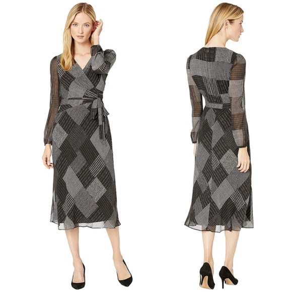 NWT Ralph Lauren Faux-Wrap Midi Dress Long Sleeve Tie Waist Geometric Size 16 - Picture 13 of 13